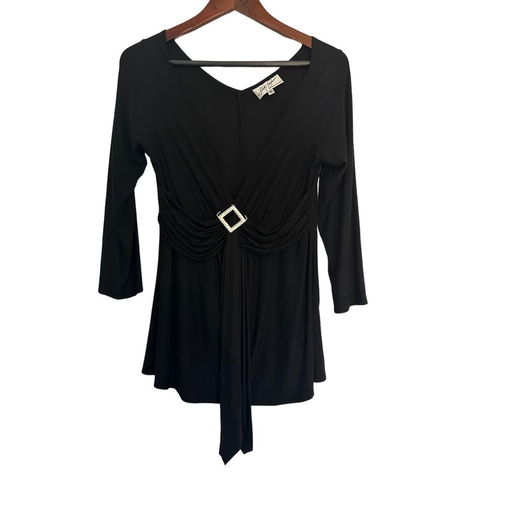 Linda Segal Black V-Neck Long Sleeve Top with Silver Buckle Detail - Size Small